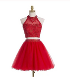 Two-piece Scoop Short Red Beaded Homecoming Dress with Appliques Sequins