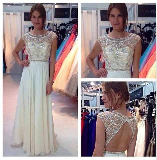 New Ivory Chiffon Long Cap Sleeves Charming Open Back Scoop A-line Beading Prom Dresses