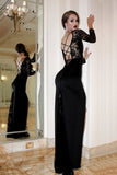 Lace Illusion Long Sleeves Prom Dress Black Sheath Backless Evening Dress PZGXYTCE