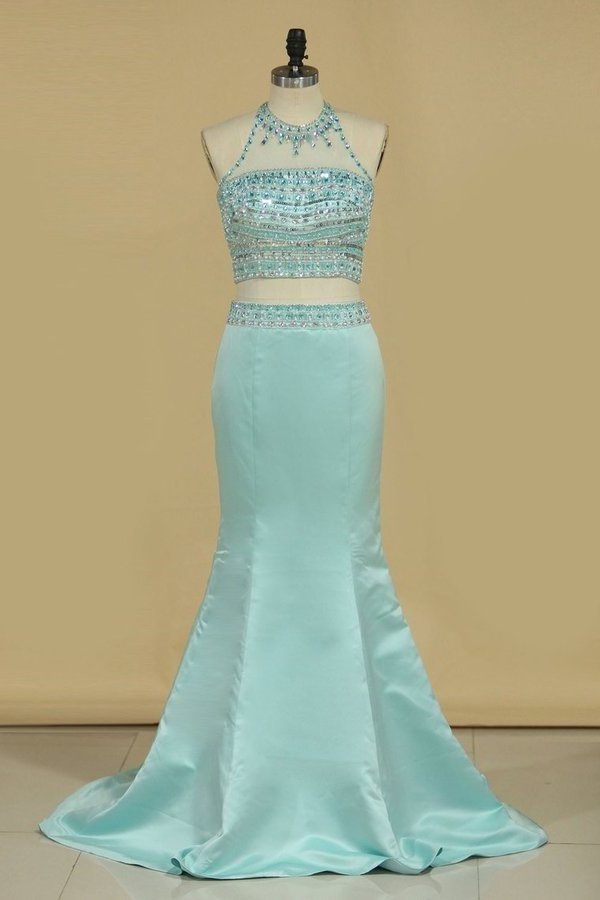 2022 Halter Two Pieces Beaded Bodice Open Back Prom Dresses Mermaid Satin PJRXHXQP