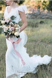 V Neck Backless Sheath White Wedding Dresses Long Simple PYNFS3DB
