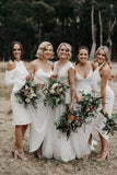 Simple V Neck Mermaid White Chiffon Bridesmaid Dresses, Wedding Party Dresses STI15534
