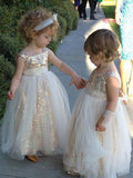 Cute Glitter A Line Gold Sequins Tulle Flower Girl Dresses, Little Girl Dresses STI15573