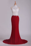 2024 High Neck Sheath Spandex Prom Dresses With Applique And Beads Open PLN5KRE4