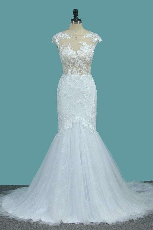 2024 Scoop Tulle Mermaid Wedding Dresses With Applique Sweep PFC51F9S