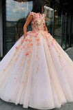 Princess Ball Gown Pink Tulle Prom Dresses with Handmade Flowers, Quinceanera STI15658