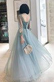 Elegant Long Sleeves Appliqued Tulle Prom Dress Floor Length Appliques PXQ2AJGL