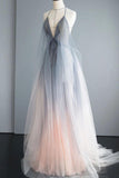 Simple Deep V Neck Ombre Tulle Halter Sleeveless Prom Dresses Backless Formal Dresses STI15391
