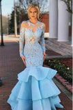 Pretty Long Sleeves Light Blue Long Mermaid Lace Prom Dresses PTSARTSY