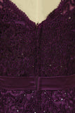 2024 Plus Size Grape Modest Lace Evening Dresses V-Neck Sheath/Column With Applique And P14YNPCN
