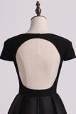 2024 Open Back V-Neck Short Sleeve A-Line Satin Evening Dress Black Bodice P2KGBHTC