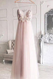 Elegant A Line Spaghetti Straps V Neck Prom Dress With Handmade Flowers, Bridesmaid Dress STI15577