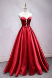 A Line Sweetheart Red Satin Lace Up Long Prom Dresses with Bowknot, Cheap Formal Dresses STI15035
