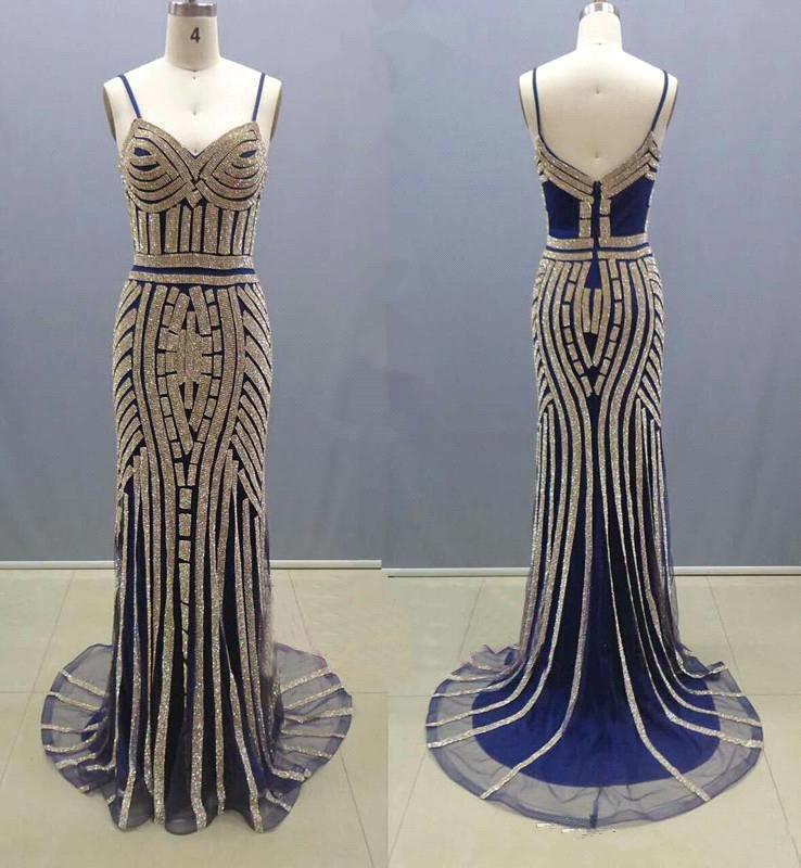Luxurious Mermaid Spaghetti Straps V-Neck Sparkly Open Back Prom Dress Party Dress