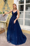 Elegant Blue V Neck Lace Long Prom Dresses Spaghetti Straps Evening STI20485