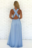 A-Line V Neck Criss Cross Light Blue Chiffon Long Prom Dresses with Split, Formal Dresses STI15053