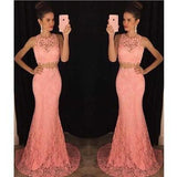 Two Piece Lace Mermaid Peach Long Sexy Sleeveless Prom Dresses