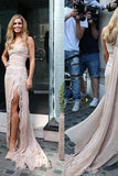 Celebrity Inspiration Style One Shoulder Lace Long Sheath Side Slit Prom Dresses