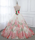 Ball Gown Floral Satin Long Tulle Evening Dresses with Lace up, Sweetheart Red Prom Dresses STI15057