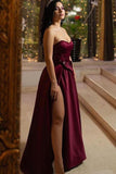 Unique A Line Burgundy Sweetheart Satin Strapless Prom Dresses, Evening STI15676