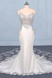 Spaghetti Straps Mermaid Wedding Dress with Lace, V-neck Wedding Dresses STI15418