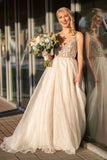 Elegant A Line Beads V Neck Spaghetti Straps Tulle Prom Dresses, Evening STI15633