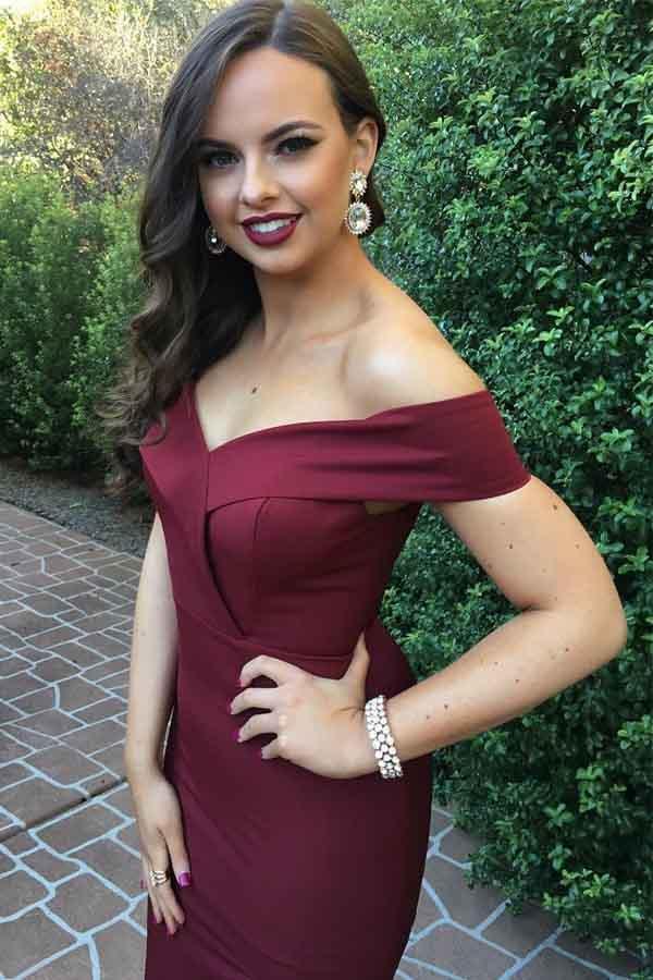 2022 Charming Off the Shoulder Burgundy Satin Mermaid Long Prom Dresses With Slit