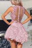 Pink Sleeveless Lace Appliques Sheer Back Short Homecoming Dresses