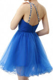 Blue One Shoulder Tulle Sequins Beading Short Homecoming Dresses