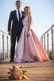 A Line Deep V Neck Beaded Bodice Blush Pink Prom Dresses, Evening Dresses STI15487