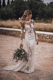 Mermaid Lace Appliques Long Sleeve See-Though Tulle Wedding Dresses Beach Wedding STIPBSR61G8