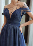 Charming A Line Blue Ombre Tulle Prom Dresses with Open Back, Evening STI15622