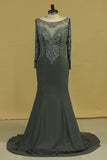 2024 Plus Size Long Sleeves Scoop Beaded Bodice Mermaid Evening Dresses Chiffon & P2ZREJP9