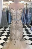 Elegant Sweetheart Tulle Beaded Long Mermaid Prom Dresses, Cheap Formal Dresses STI15207