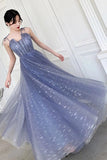 Unique Sparkle Straps Floor Length Tulle Prom Dress A Line Sleeveless PB19RQK3