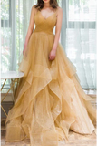 Spaghetti Straps V Neck Sparky Long Prom Dress Backless Pleated Tulle Party STIPBA8153J