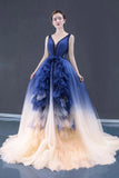 Ball Gown Ombre V Neck Tulle Royal Blue Long Prom Dresses, Quinceanera Dresses STI15067