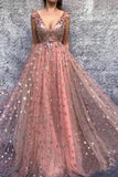 2024 Gold Star Printed Lace Prom Dresses V Neck Long Princess Ball Gown P2G5EGJB