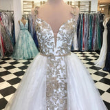 Sheath Spaghetti Straps White Detachable Train Prom Dress with Appliques, Quinceanera Dresses STI15373