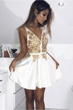 Cute V Neck Short Prom Dress White Satin Homecoming Dress PSYGTFKZ