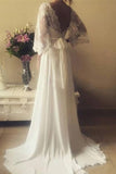 2024 Chiffon 3/4 Length Sleeves Wedding Dresses V Neck Open Back PD6QNYM2