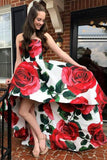 A Line Strapless High Low Red Rose Floral Satin Prom Dresses, Long Evening Dress STI15556