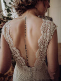 Vintage Lace Appliques Ivory V Neck Cap Sleeves Mermaid Wedding Dresses, Wedding Gowns STI15542
