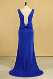 2024 Plus Size Prom Dresses Square Neckline Sweep Train With Bow-Knot Dark Royal PN328PXA