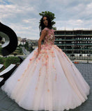 Princess Ball Gown Pink Tulle Prom Dresses with Handmade Flowers, Quinceanera STI20430