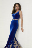 2024 Velvet Evening Dresses V Neck Mermaid With Applique P5NNY2TZ