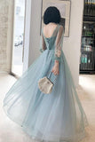 Elegant Long Sleeves Appliqued Tulle Prom Dresses, Floor Length Appliques Evening Dresses STI15175