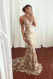 Sexy Mermaid V Neck Lace Appliques Long Prom Dresses Spaghetti Straps Formal STIPJE6FLPT
