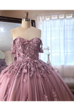 Ball Gown Off The Shoulder Tulle Quinceanera Dress With Lace Appliques Puffy Prom STIP3HM7KB3