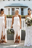 A Line Chiffon Spaghetti Straps Blush Pink Bridesmaid Dresses with Split, Long Prom Dress STI15486